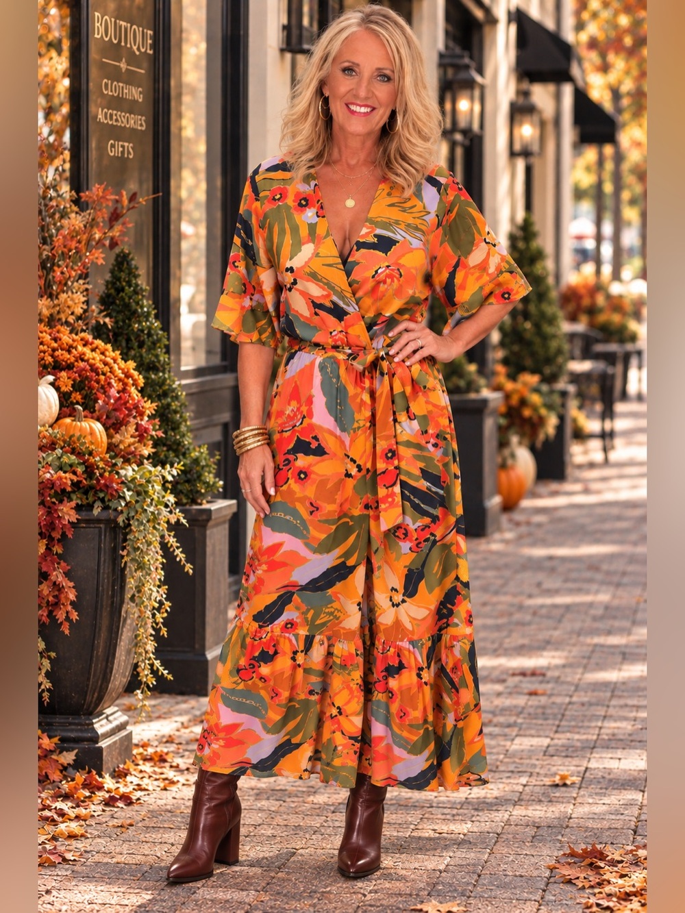 Halogen Orange Floral Wrap Maxi Dress Medium